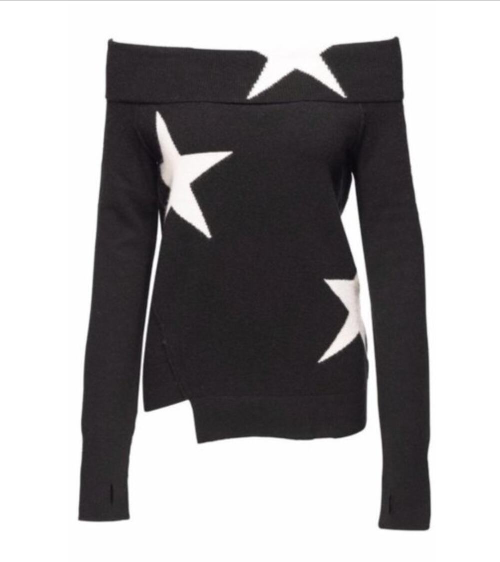 Pam & Gela Black Star Print Off the Shoulder Sweater Wool Blend Size M Medium